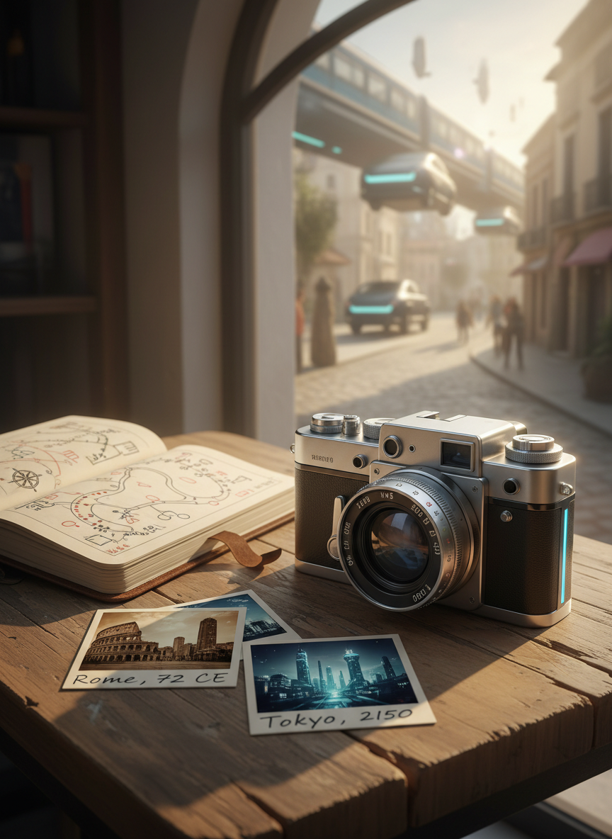 A sleek silver camera that looks half analog, half futuristic, placed on a café table made of reclaimed wood, its lens ringed with tiny engraved dates instead of focal lengths. Next to it lies an open travel notebook filled with sketched timelines and colorful polaroid-style photos labeled “Rome, 72 CE” and “Tokyo, 2150.” Late afternoon sunlight slants through a nearby window, creating a warm, cozy glow and gentle reflections on the camera’s brushed metal body. In the softly blurred background, the street outside shows classic cobblestones gradually morphing into a levitating transit lane. Photographic realism, shot at a three-quarter angle with shallow depth of field, creates an intimate, playful mood perfect for a time-travel photo journal.