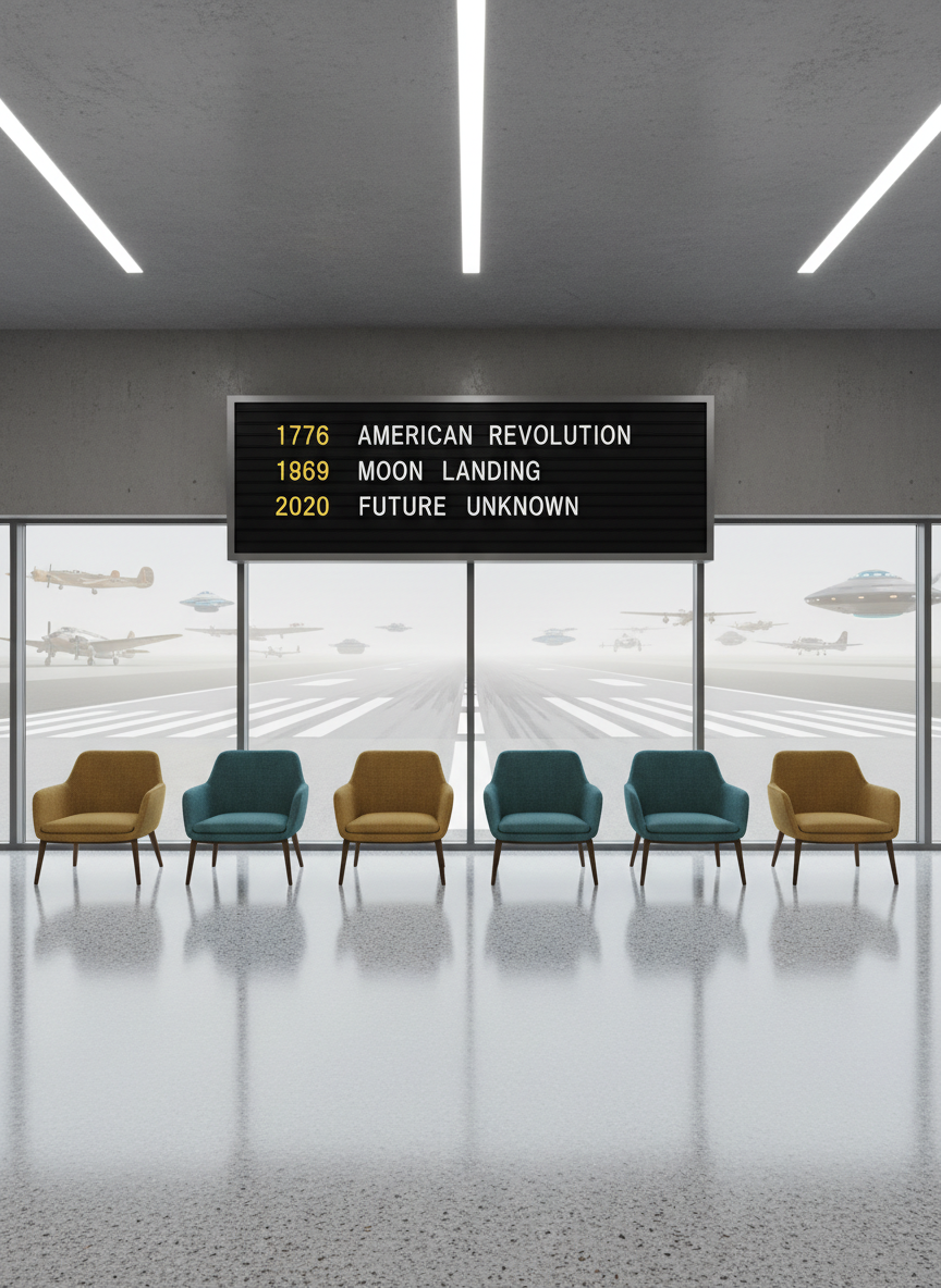 An airport-style departure board mounted in a minimalist, modern lounge, but instead of destinations it lists years and famous historical events in bright flip-style letters. Beneath it, a row of unoccupied, mid-century modern chairs in teal and mustard fabric sits on a glossy terrazzo floor. Overhead, clean linear LED lights cast a cool, even illumination, creating crisp reflections on the floor and subtle shadows under the chairs. Through large floor-to-ceiling windows, multiple runways extend into a hazy distance where classic prop planes and sleek, hovering time-ships share the tarmac. Photographic realism from a wide-angle, eye-level perspective emphasizes depth and symmetry, producing a playful yet polished atmosphere that feels like a gateway lounge for time-travel itineraries.