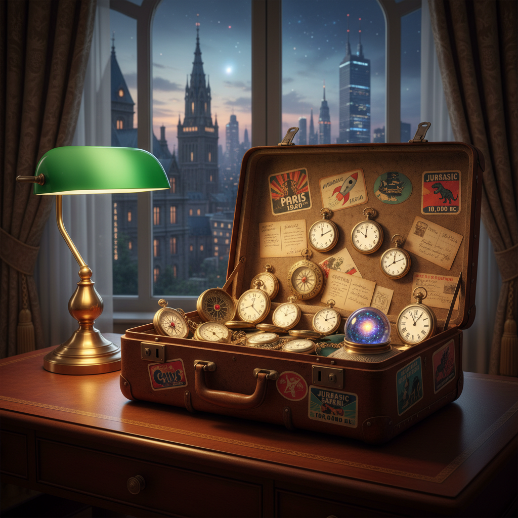 A vintage brown leather suitcase, covered in colorful travel stickers from historical eras, rests open on a polished wooden hotel desk. Inside, instead of clothes, there is a neatly arranged array of glowing pocket watches, brass compasses, antique postcards with faded ink dates, and a small glass orb swirling with a miniature galaxy. Warm lamplight from a classic brass desk lamp pools across the scene, creating rich highlights on the leather texture and soft shadows behind each object. In the background, a cityscape beyond a hotel window appears with both old stone buildings and futuristic glass towers. Captured from a slightly elevated angle in photographic realism, the image feels playful and adventurous, like an invitation to pack for a time-bending itinerary.